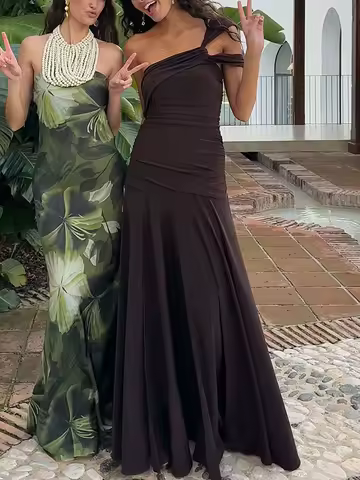 Elegant High Waist Pleated Cocktail Dress Irregular Slim Split Women's Long Robe Dress 2025 Simple Solid Backless Evening Dress