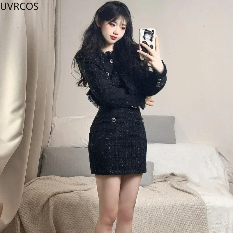 블랙 한국 스타일 레트로 우아한 투피스 세트 여성 패션 태슬 짧은 재킷 캐주얼 스트랩 파티 미니 원피스 여성 Y2k 세트