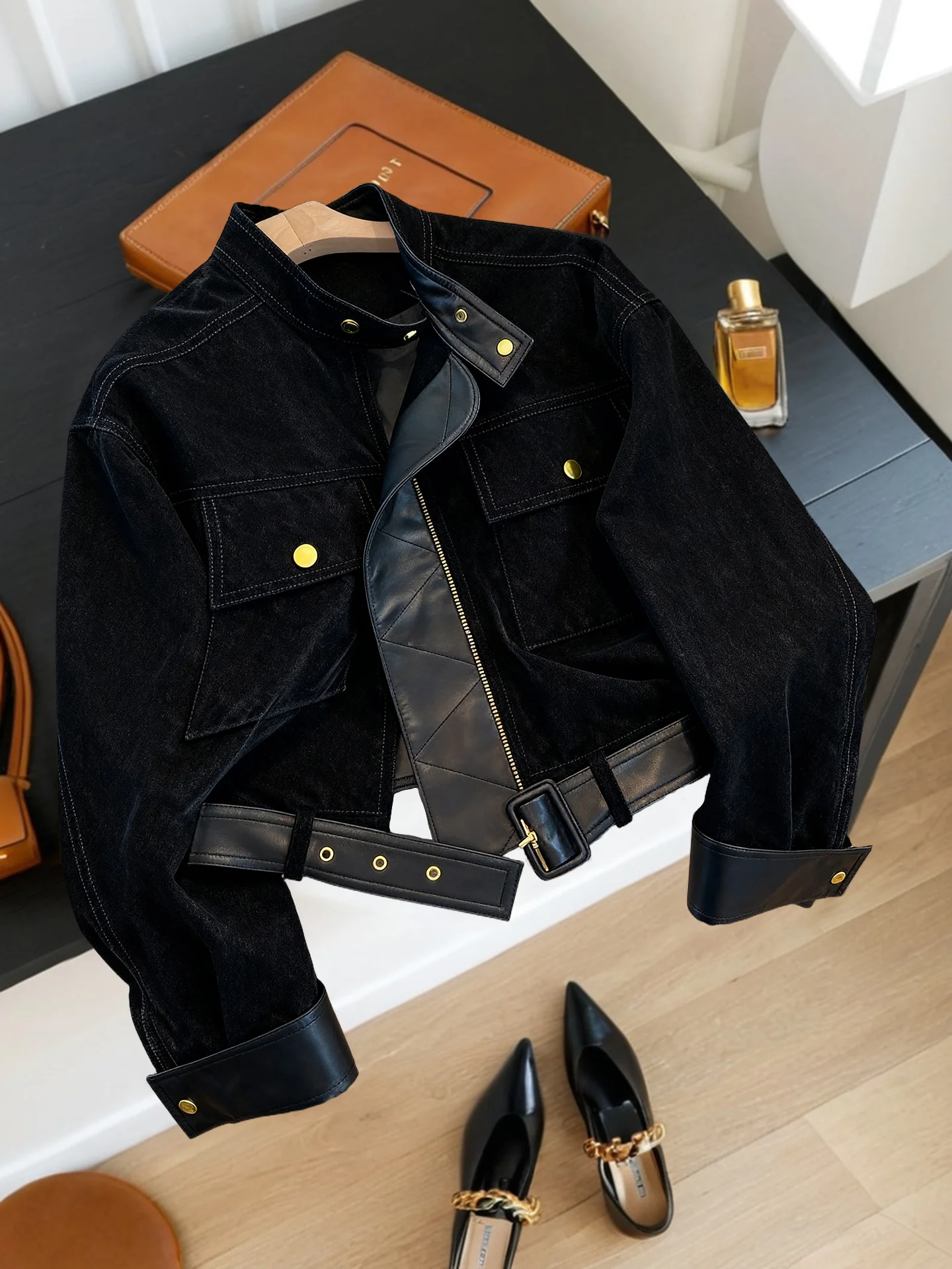 

Замшевое джато с воротником-стойкой Ele Bla, женское модное повседневное уличное пальто с воротником-стойкой, весенне-осеннее пальто на молнии