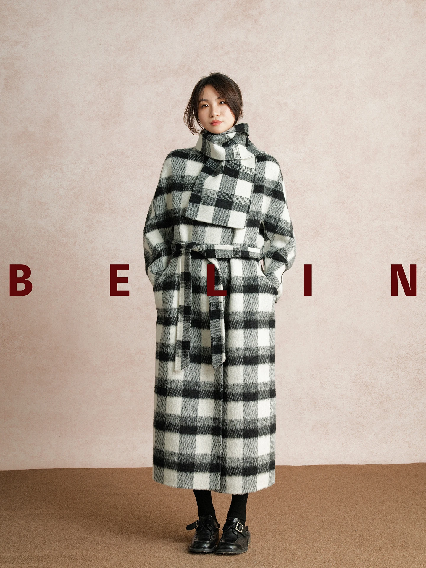 

Классическое шерстяное пальто в клетку Belin с поясом, модная верхняя одежда, длинное, с круглым вырезом, для молодых женщин, зимнее, стандартное, тонкое