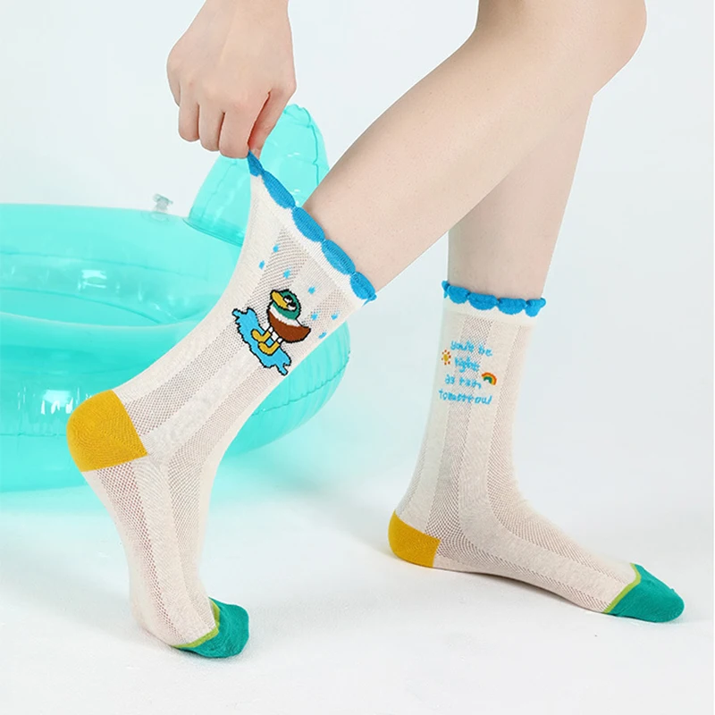

Cute Cartoon Duck Pattern Women's Socks Colorful Summer Thin Breathable Small Mesh Lolita Fashion Anime Mid-Tube Socks Wholesale