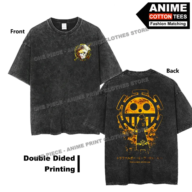 

Anime One Piece - Trafalgar D Water Law T-shirt Double Sided Print Clothing Street styl Men Women Short Sleeve Cotton Loose Tees
