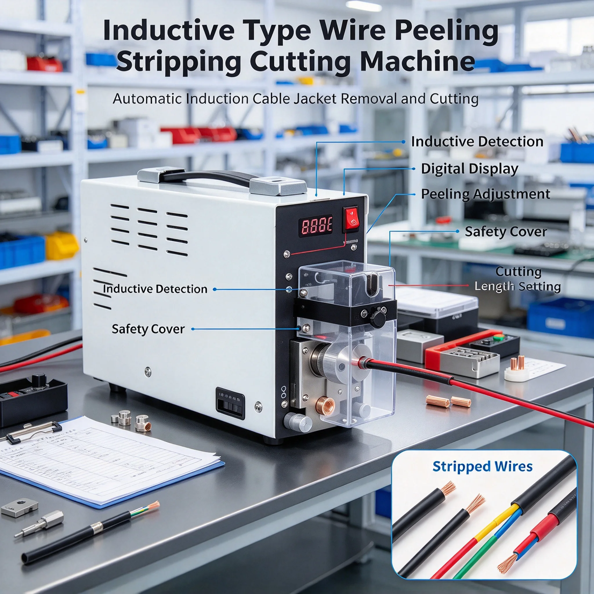Pneumatic And Electric High Accuracy Desktop Portable Inductive Type Wire Peeling Stripping Cutting Machine 3-4 Square mm