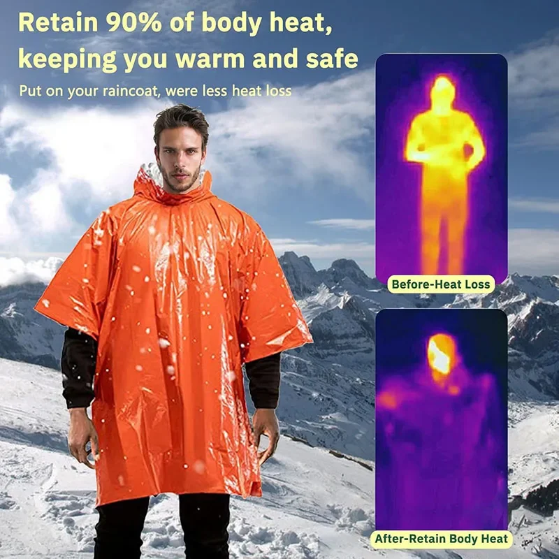 Emergency Poncho Reversible Warm Raincoat Insulated Blanket Reusable Outdoor Survival Blanket with Hood for Camping Survival Kit