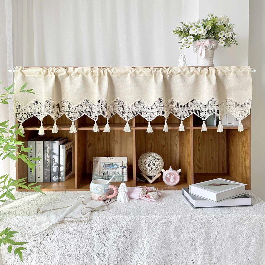 Boho Beige With Faux Flax Wave Design Tassel Kitchen Valance Curtain For Windows,Rustic Farmhouse Small Window For Kitchen Decor