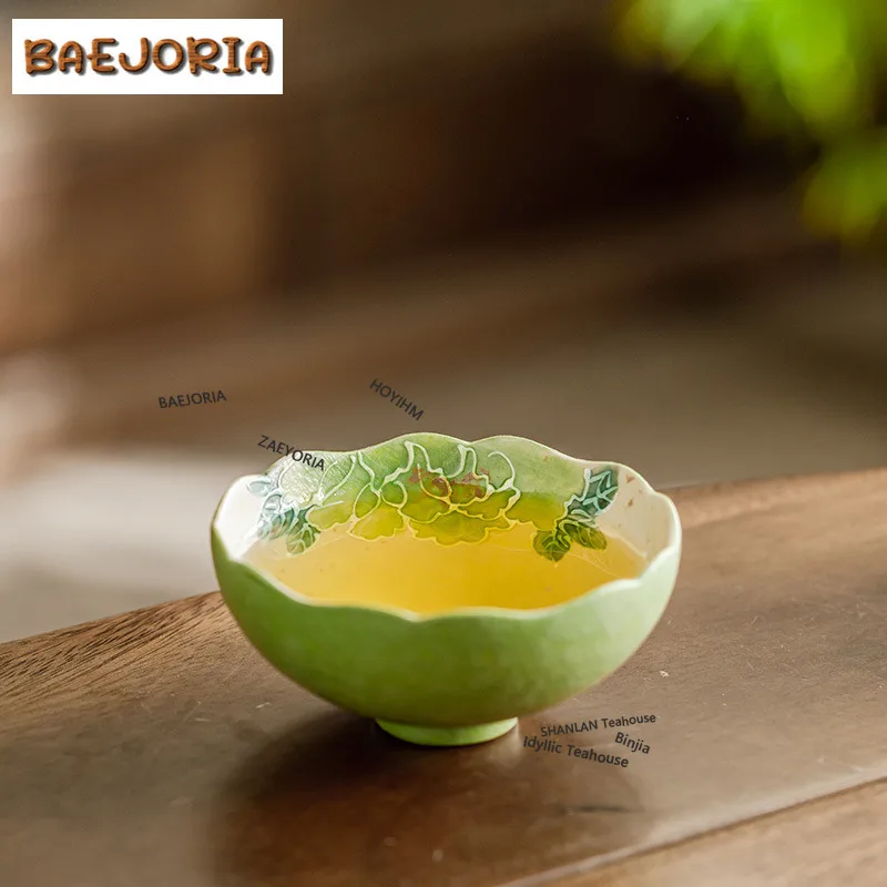 BAEJORIA Taza de té de peonía pintada a mano de color verde marrón de 80 ml, tazón de té de boutique, jarra, taza de degustación de té, taza de fragancia, tazas de maestro Jianzhan, regalo