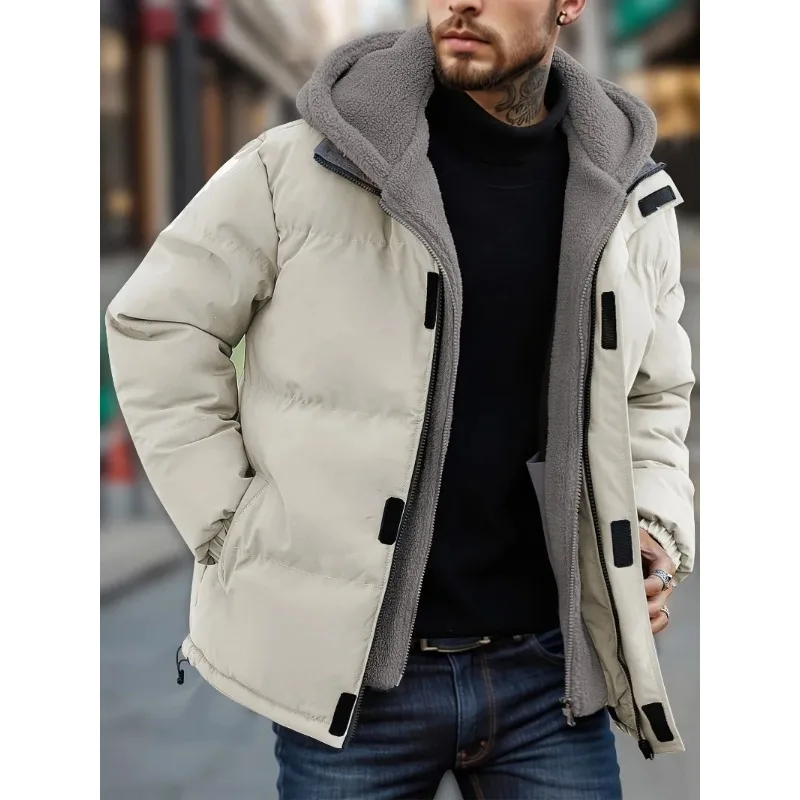 Men's Winter Windproof Jacket Casual Fake Two Hooded Bread Coat Detachable Hood Zipper Front Long Sleeves Pockets Overcoat