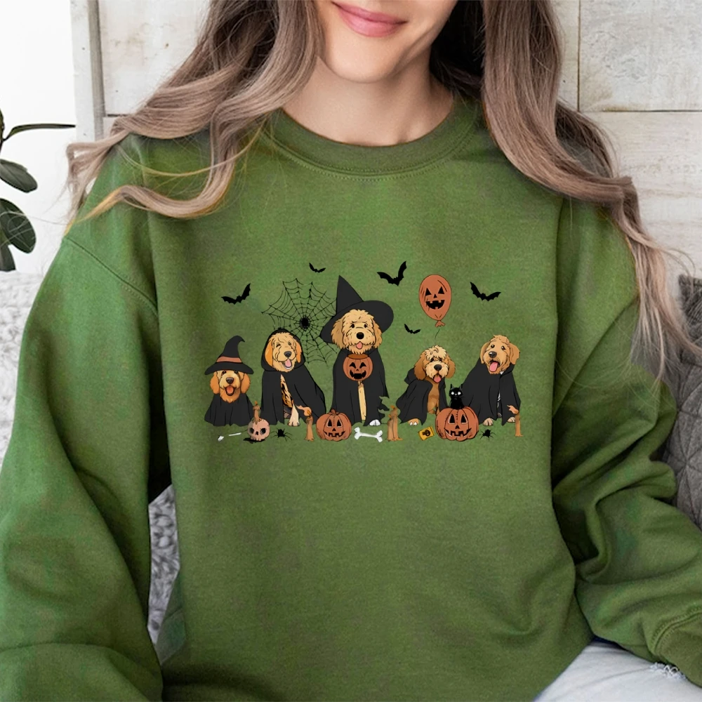 Ghost And Witch Goldendoodle Halloween Sweatshirt Dog Lover Halloween Gift Сute Puppy Ghost Bats Spooky Season Long Sleeve Top