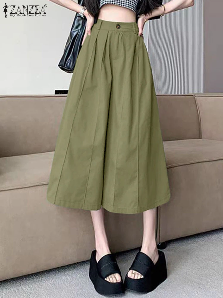 

ZANZEA Women Flare Pants Casual Loose Solid Color Pockets Bottoms 2025 Summer Pleated Zipper Calf-Length Trousers Oversized