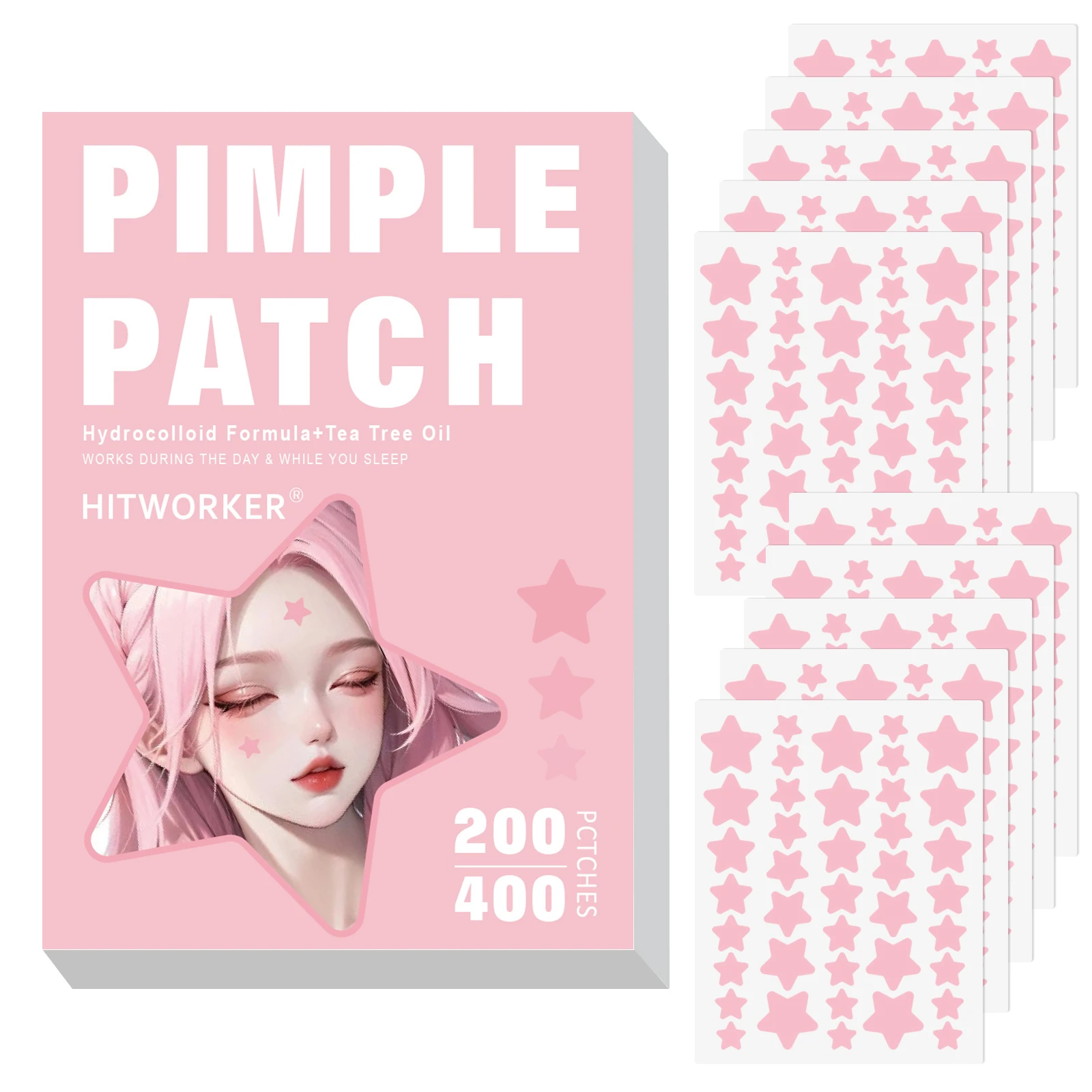 200/400pcs Hydrocolloid Pink Star-Shaped Acne Patches Rapidly Absorbs Excess Oil & Reduces Inflammation