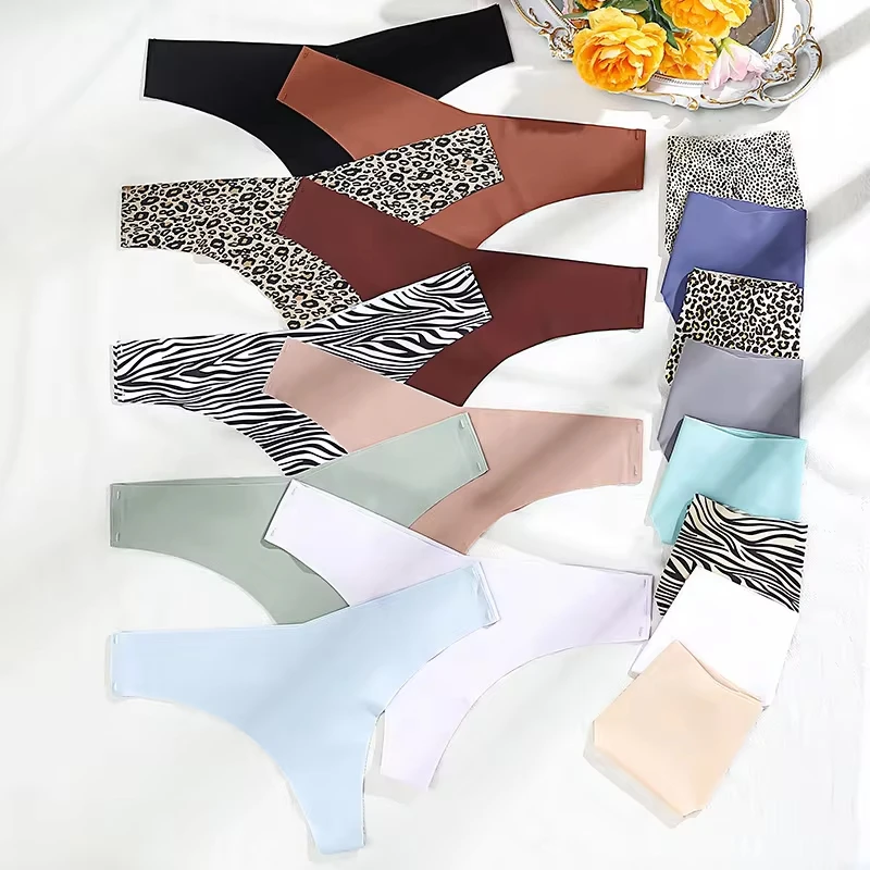 

New European American Women's Thong Ice Silk Underwear Women Cotton Crotch Low Rise Sexy Leopard Print Triangle Panties
