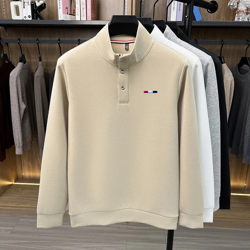 Herren-Langarm-T-Shirt mit hohem Kragen, Knopfleiste, exquisitem Muster, Stickerei, hautfreundlich, farbecht, Herbst-Freizeitmode, Herrenbekleidung – Detail 7