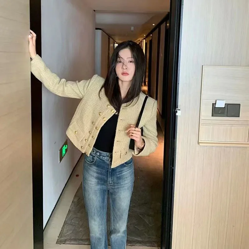 Lucyever Vintage Women\'s Tweed Jackets Elegant Chic Double-Breasted with Pocket Jacket Ladies Korean Fashion O-Neck Short Coat