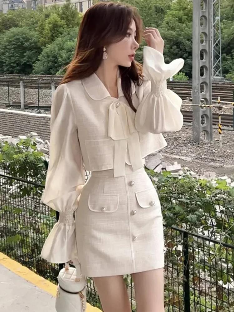 Lady Style Two-Piece Set Women's Autumn Fashion High Waist  Skirt And Bell Sleeve Shirt Trendy Streetwear Ensemble