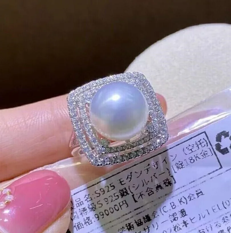 Gorgeous giant AAAAA 10-11mm South China Sea white circular pearl ring 925S