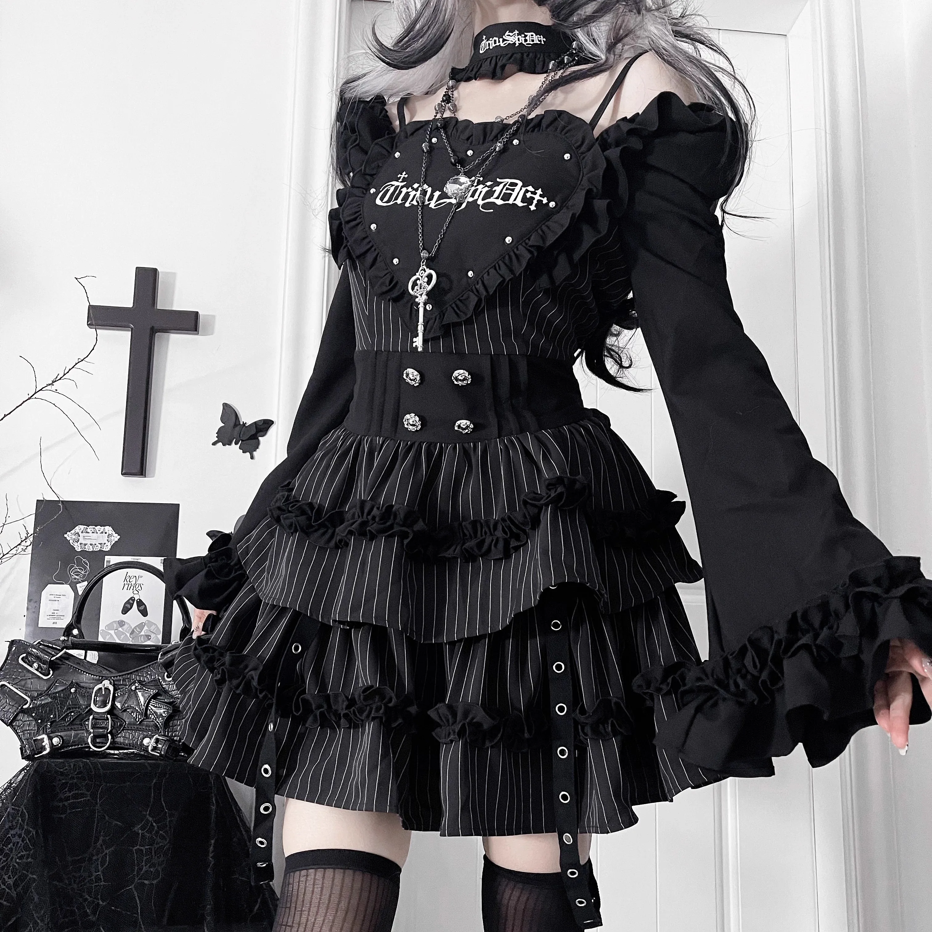 Printed Subculture Gothic Dark Slim-fitting Long-sleeved Dress for Women Spring and Autumn Pattern Color Matching Lolita Dress