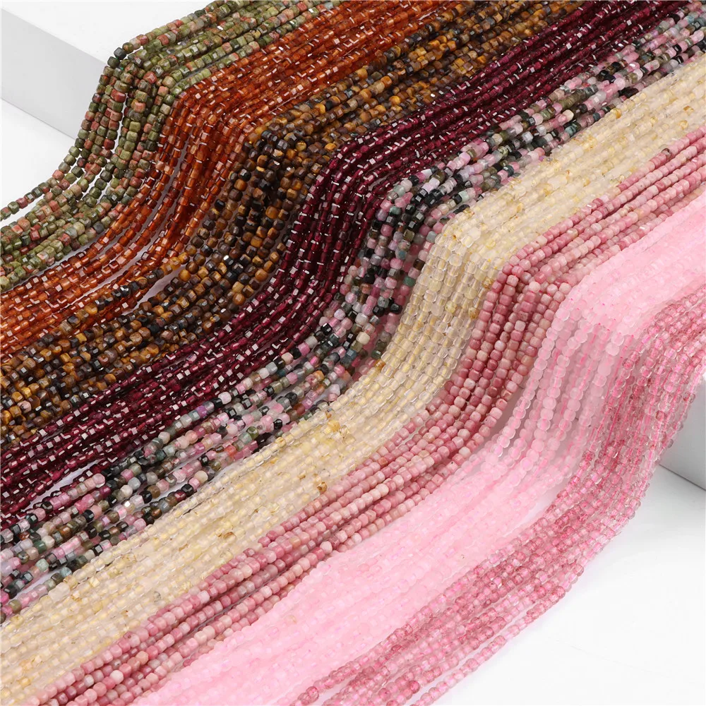 Natural Faceted Stone Beads 2mm Square Garnet Tourmaline Strawberry Quartz Loose Spacer Beads for Jewelry Making DIY Supplies - view 2