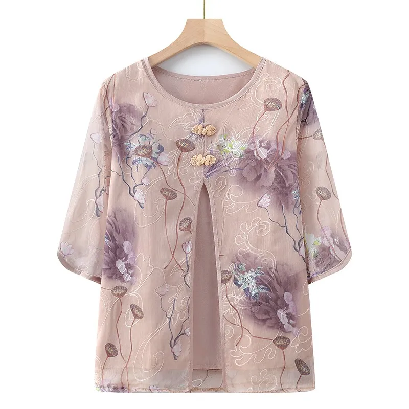 Women Spring Summer Style Blouses Fake Two Pieces Shirt Lady Casual Half Sleeve Positioning flower Blusas Tops