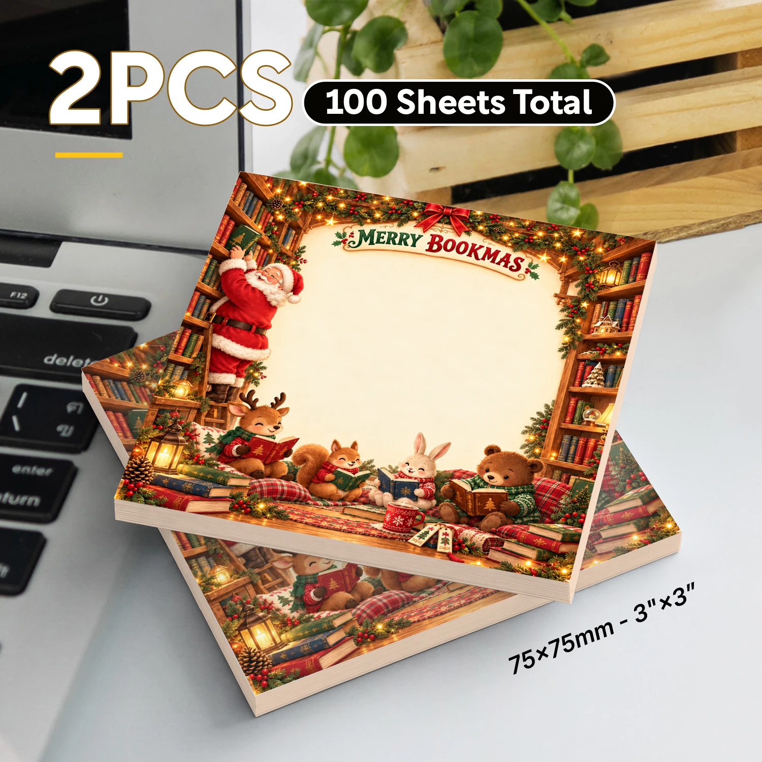 2PCS Christmas Santa Sticky Notes 100 Sheets Merry Bookmas Cute Animal Reading Memo Pads Holiday Office School Stationery
