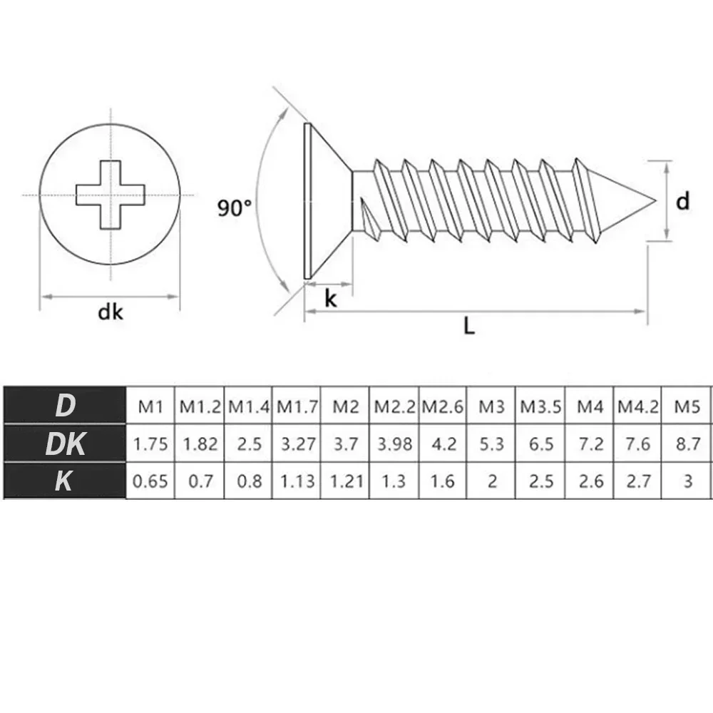 100Pcs M1 M1.2 M1.4 M1.5 M2 M2.6 M3 M3.5 M4 M5 Cross Countersunk Flat Head Self-tapping Screw Black Phillips Carbon Steel