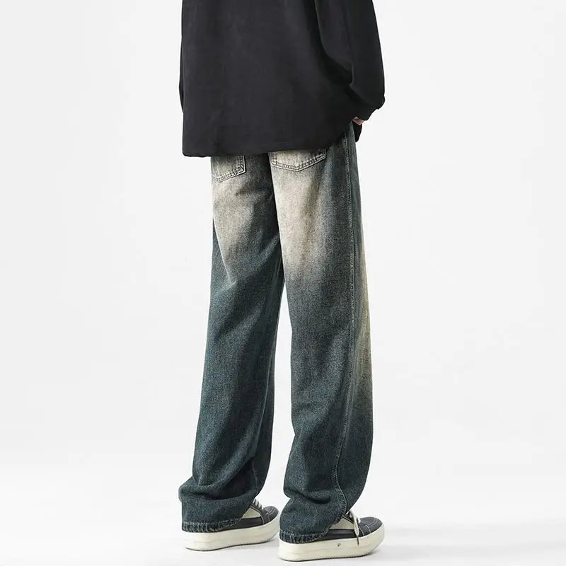 Men's Loose Jeans Washed Spring And Autumn Pants Straight Tube Loose Trendy High Street Casual Wide Leg Retro Blue Pants