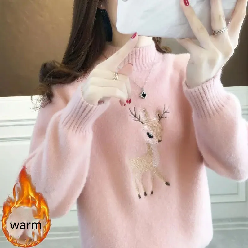 Embroidery Deer Warm Knitted Sweater Women Faux Mink Cashmere Half High Collar Pullover Korean Fashion Large Size Long Sleeve To