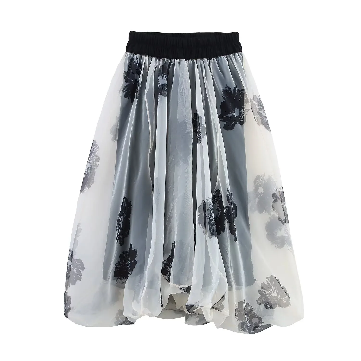 

European And American Style 2025 Summer New Women's Clothing Temperament Slim Fit Printed Transparent Hard Yarn Skirt