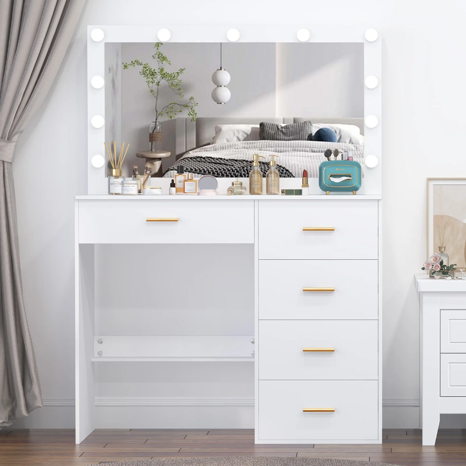 طاولة تزيين بيضاء مع مرآة هوليوود كبيرة 11 لمبة LED للمكياج والمكتب #2