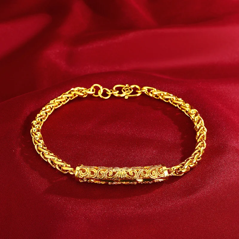 

Fine AU999 gold jewelry lifetime auspicious cloud pattern bracelet 24K pure gold coin cylindrical hollow wrist chain