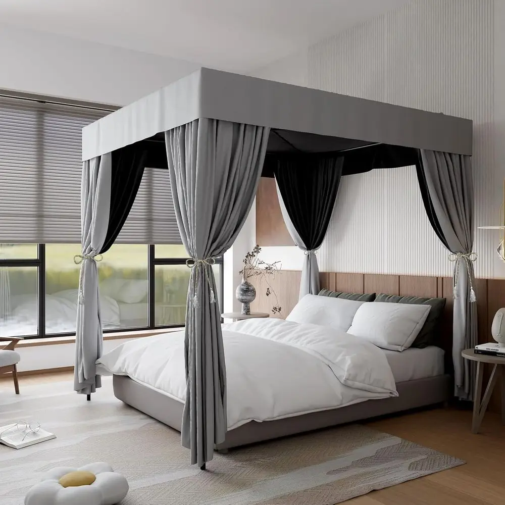 ผ้าม่านคลุมเตียงสีเทาขนาดคิงไซส์สำหรับเตียง 4 เสา ผ้าม่านกันแสง เหมาะสำหรับตกแต่งห้องนอนผู้ใหญ่และเด็กผู้หญิง