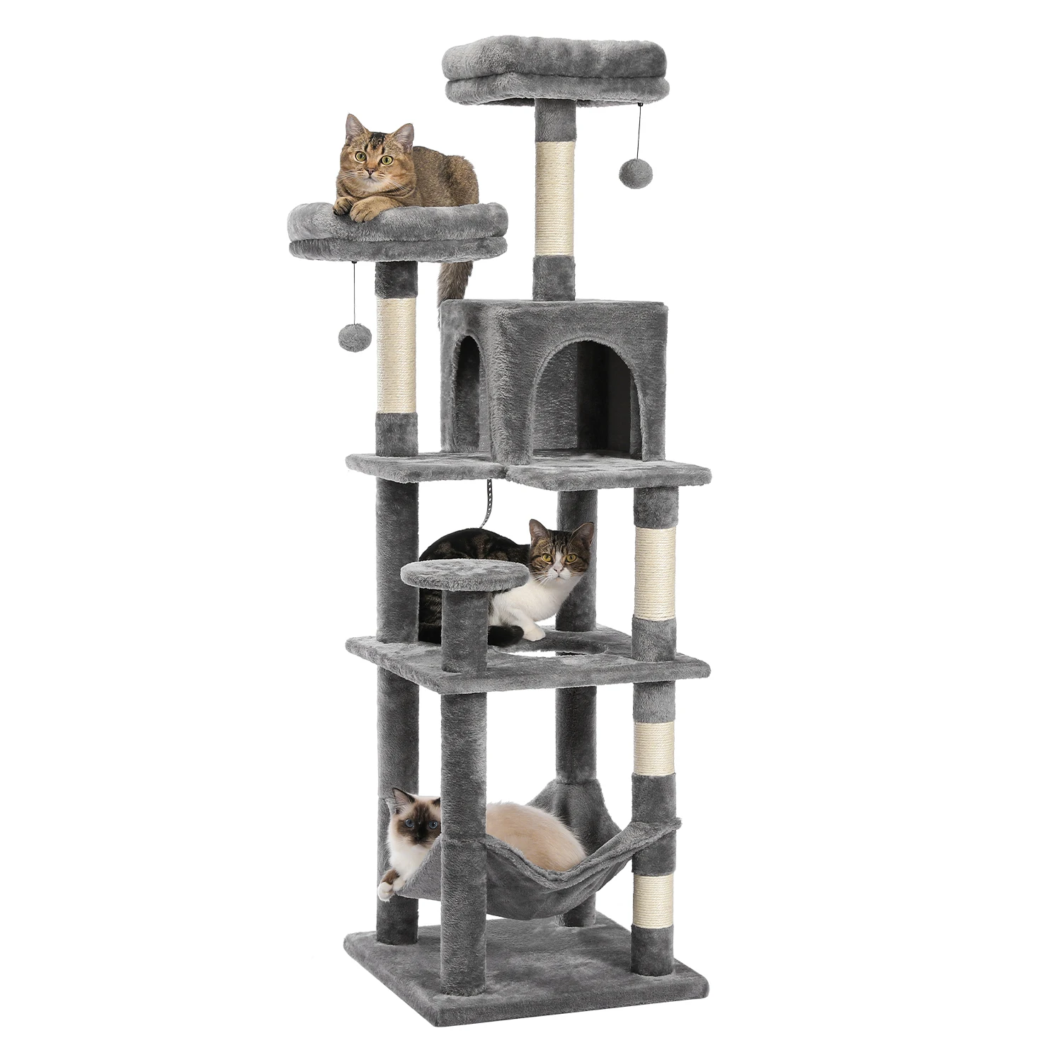 Árvore de gato de vários níveis com postes de arranhões, rede aconchegante, torre de gato de pelúcia para interior, cama de condomínio de gato, acessórios de gato, brinquedos de gato