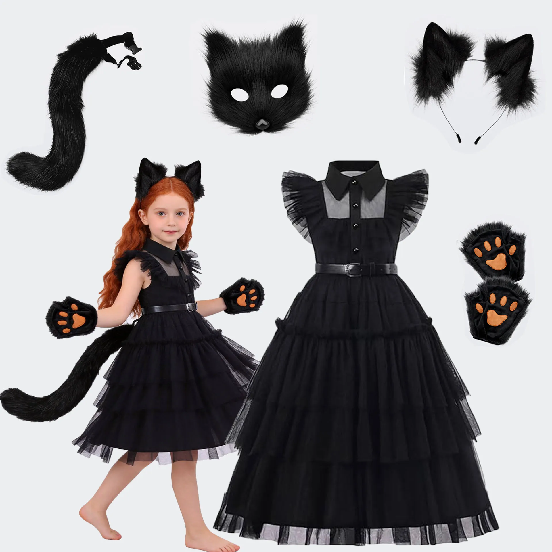 Black Halloween Fox Costume Dress Set Children's Wednesday Gift Role Playing Princess Dress