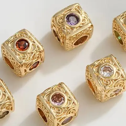 14K Gold-Encrusted Square Beads DIY Handcrafted Retro Pattern Colored Zirconium Inlaid Bead Material Jewelry Accessories