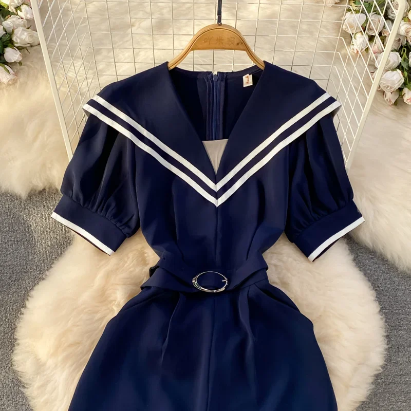 Contrast Color Stripe Sailor Collar High Waist High-End Bodysuit Fashion Gentle Romper Lace Up Slim Wide Leg Pant Jumpsuit Women