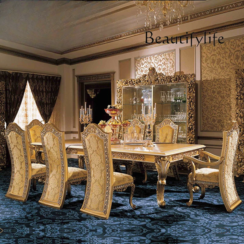 luxury solid wood dining table and chair combination French table with eight chairs solid wood square golden dining table