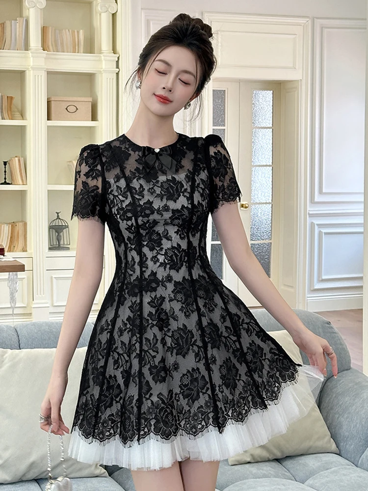فستان نسائي صيفي جديد بأكمام قصيرة من الدانتيل باللون الأسود الوردي أنيق بفيونكة شفافة من التول لحفلات الكوكتيل بقصة ضيقة فستان رسمي للسيدات