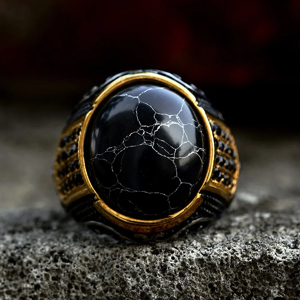 Gothic Vintage Stainless Steel Oval Part Gold Color Black Stone Ring For Men Punk Biker Fashion Creative Jewelry Gifts Wholesale