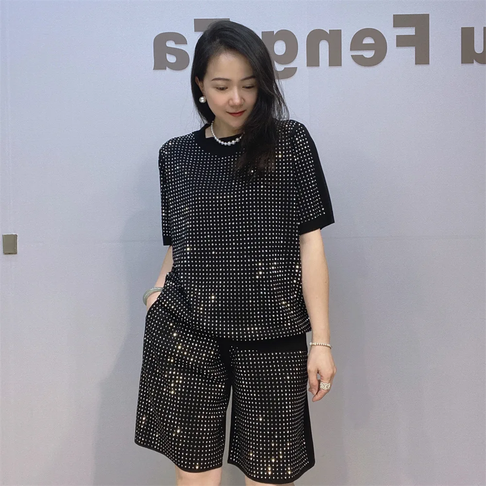 2PCS Glitter Summer Short Sets Women Clothing Casual Black Suit Fashion Diamonds Elastic Waist Hot Shorts Костюм Женский Летний