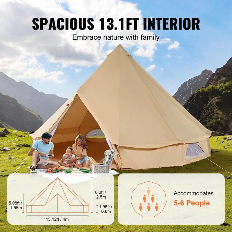 Tente cloche 4 x 2,5 m, tente yourte en coton TC et poteaux en fer robustes avec un sol en PVC. Tente de camping pour 6 personnes, tente familiale avec 8 fenêtres, tente de groupe pour les aventures en plein air.