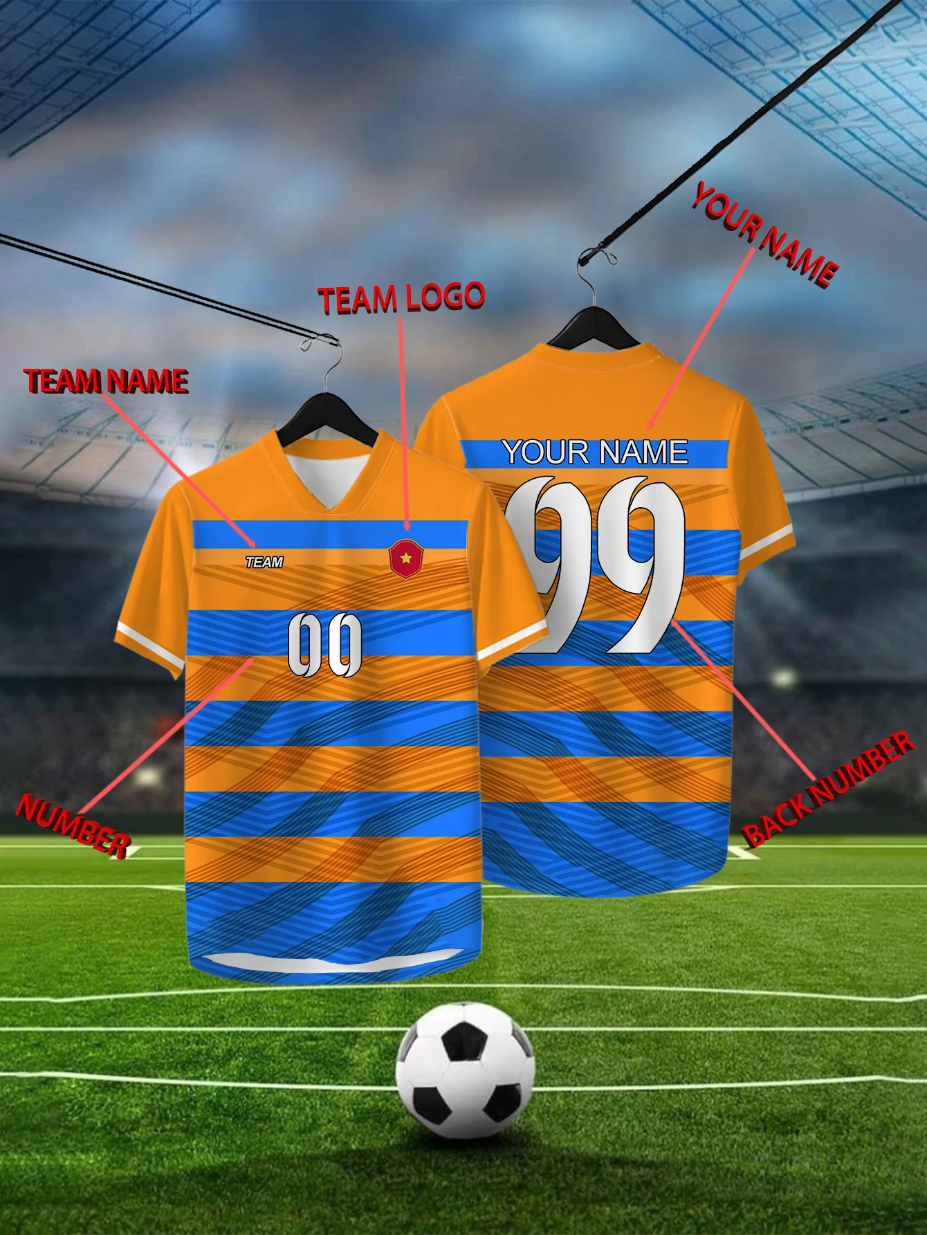

Customized Geometric Orange Short Sleeved Shirt with Team Name, Emblem, Name and Number, Outdoor Sports Short Sleeved T-shirt