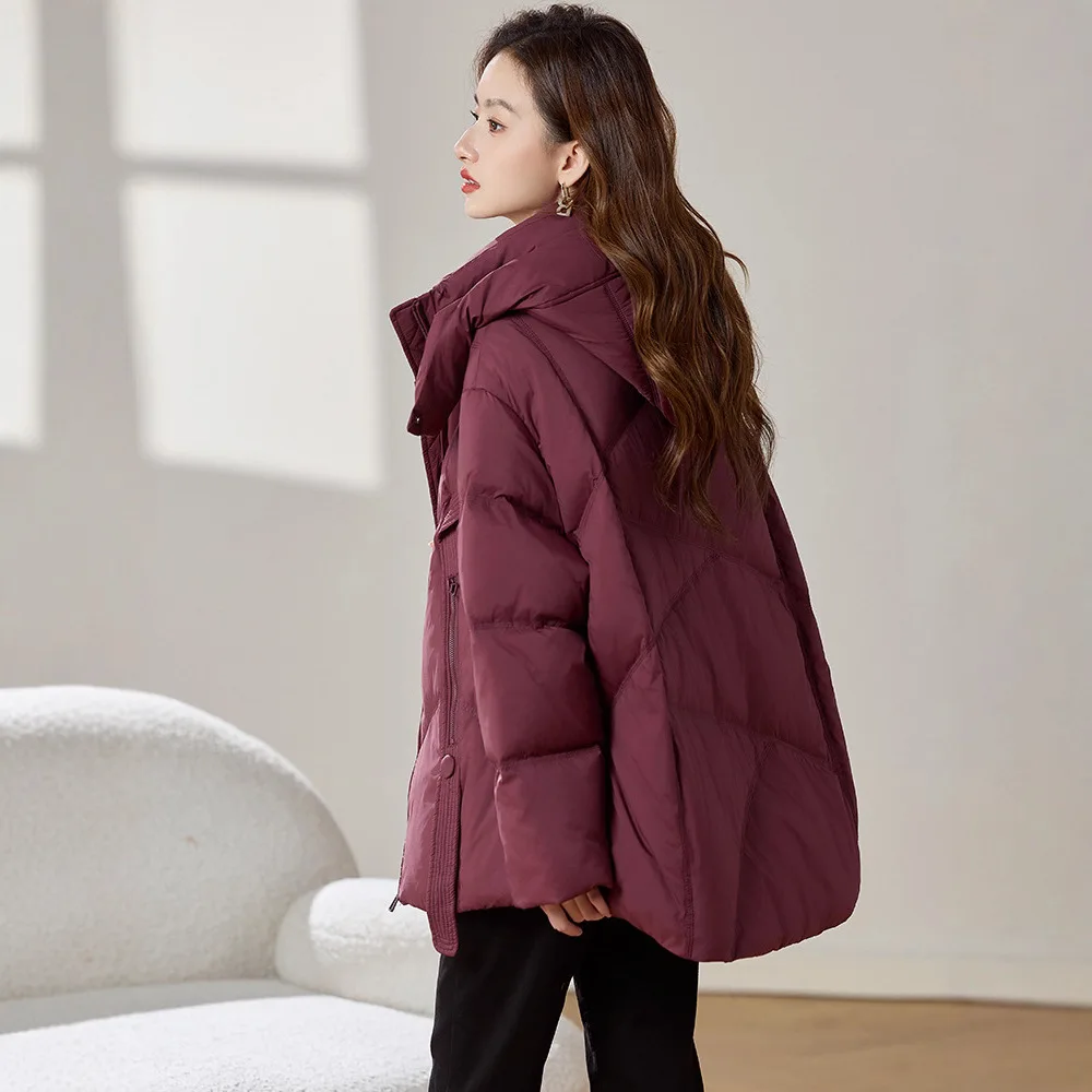 Nueva chaqueta de plumón europea de invierno para mujer, chaqueta holgada de plumas de ganso 90 con capucha para ir al trabajo