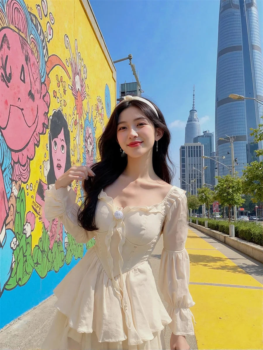 ชุดเดรสผู้หญิงสีขาว ทรงเข้ารูป สไตล์หวาน ผ้าบางเบา ใส่สบาย เหมาะสำหรับฤดูใบไม้ร่วง ปรับได้ ใช้เป็นชุดนอนได้ ดีไซน์สวยงาม ทรงเข้ารูป