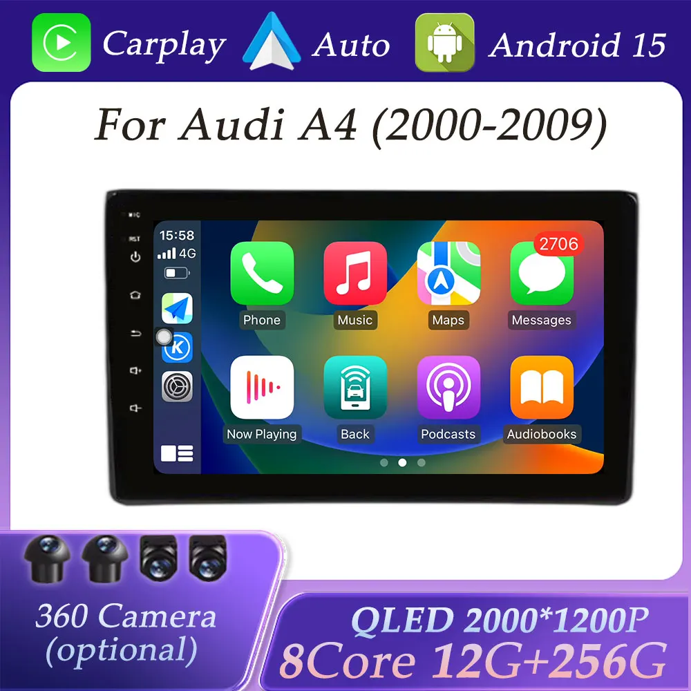 

QLED Screen GPS Navi for Audi A4 2000 - 2009 Head Unit Car Radio Video Audio Multimedia Player Split Screen DSP Stereo No 2 din