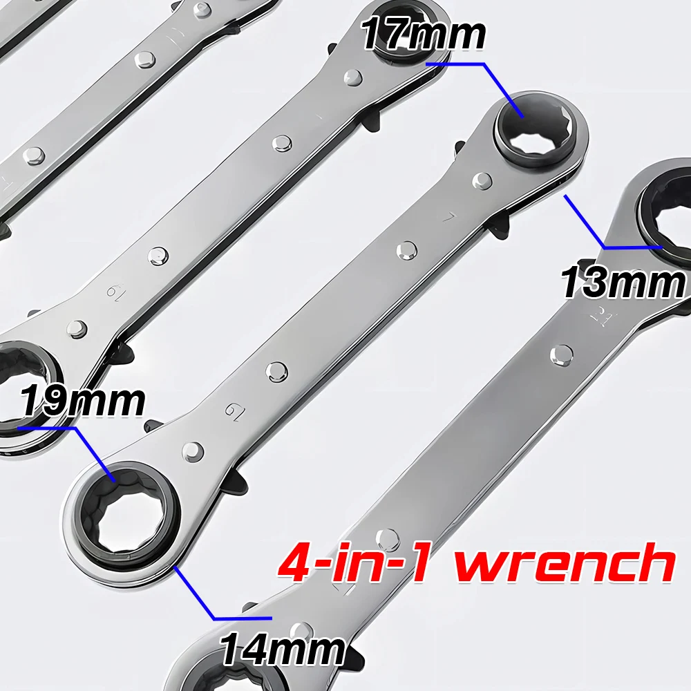 4-in-1 Wrench Double Head Ring Ratchet Wrench 6/8/9/10/11/12/13/14/15/16/17/18/19/21mm Chrome Vanadium Steel Ratchet Spanner 