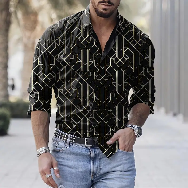 Camisa geométrica para hombre, camisa de manga larga con estampado 3D, Top grande informal, ropa de otoño, primavera y otoño, nueva