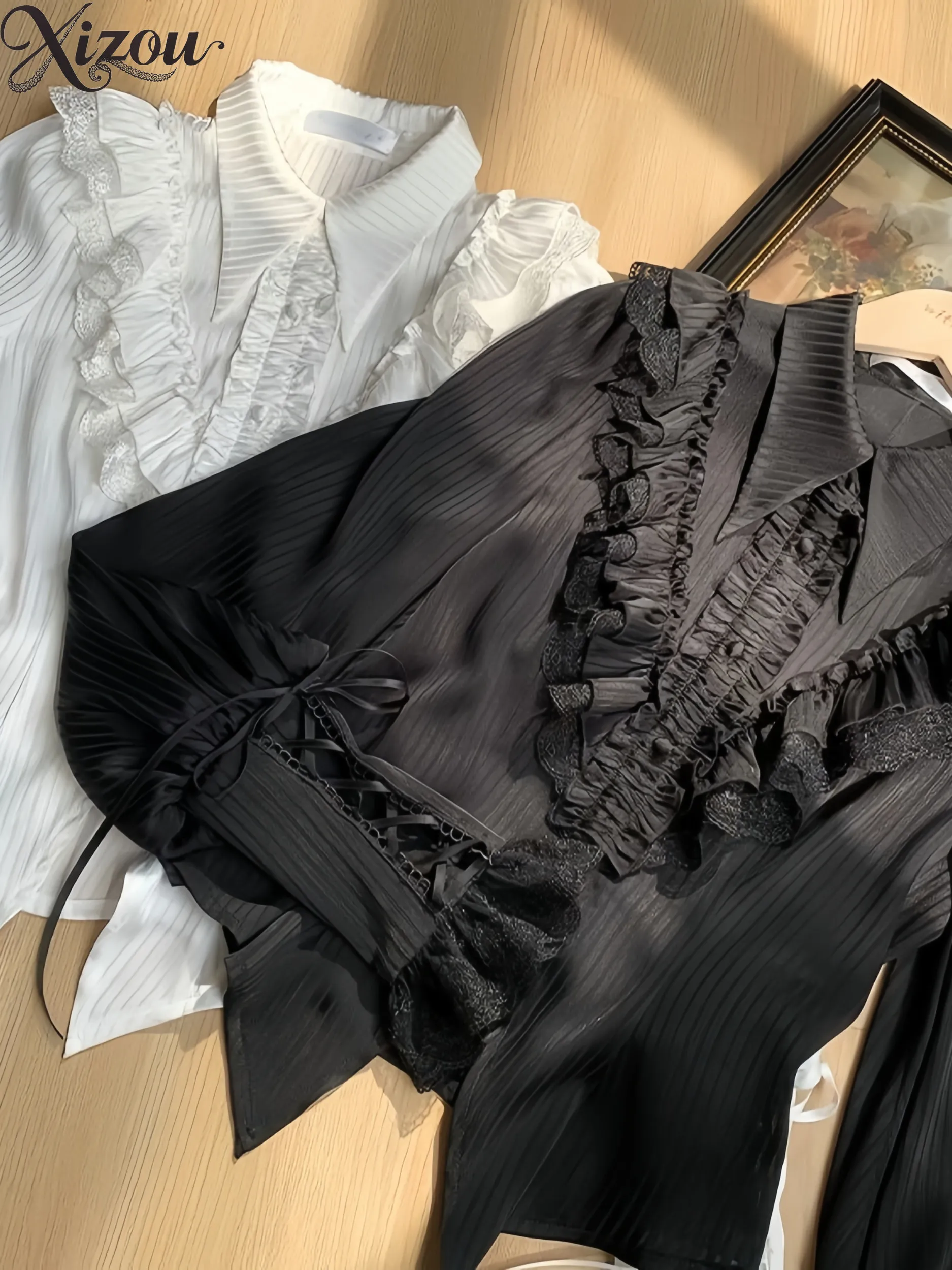 Vintage Medieval Court Top Black White Gothic Lamb Sleeve Inner Layer Shirt Lantern Long Sleeve Women's Blouse Spring Autumn