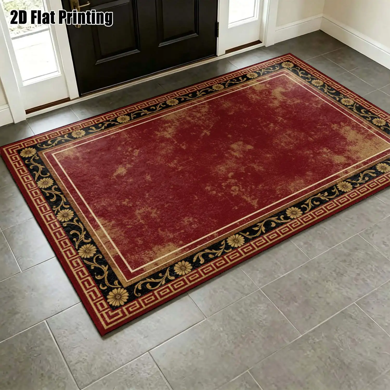 1Pc 2D Printed Retro Red-Bottom Floral Border European Vintage Geometric Home Decor Carpet, Multi-Size, Machine Washable, for Living Room, Bedroom, Dining Room, Entrance, Study