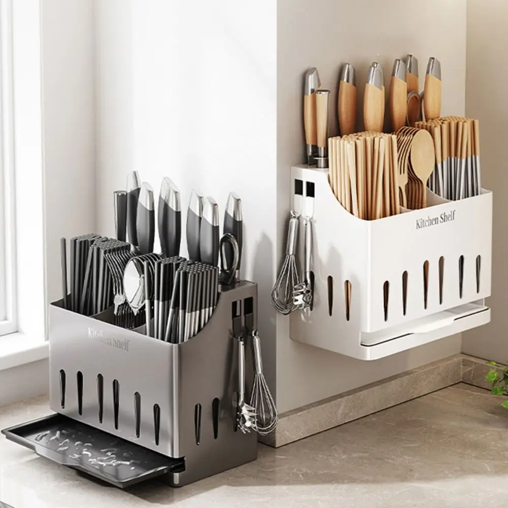 

With Drain Tray Cutlery Holder Integrated Stainless Steel Cutter Storage Rack Hangable Rust-proof Chopstick Cage Countertop