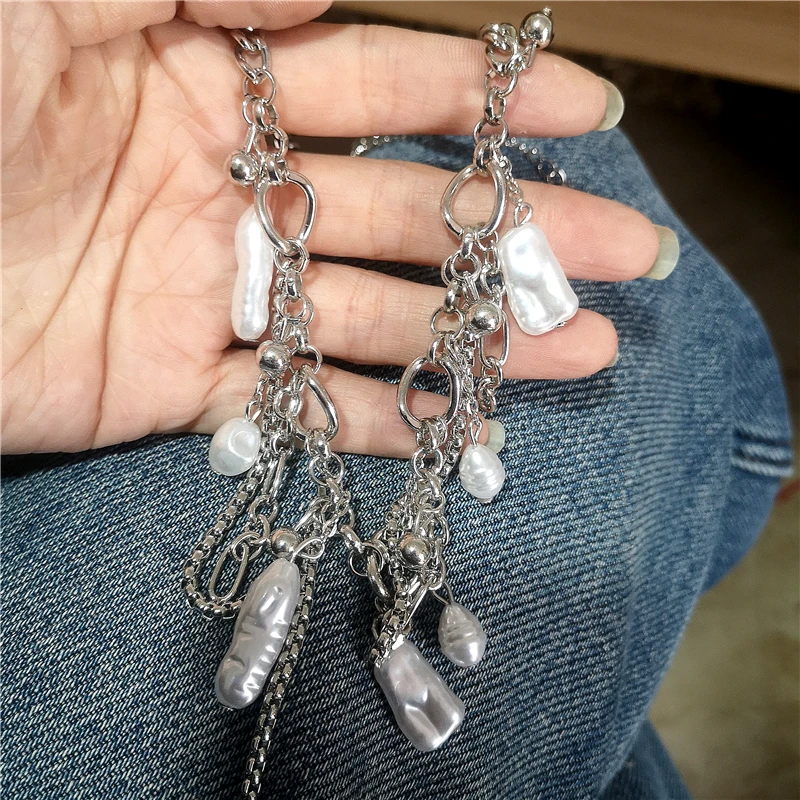 Unregelmäßiger Perlenanhänger, silberfarbene Quastenkette, dicke, klobige Halskette für Frauen, personalisierter Halsschmuck, Accessoires – Detail 4