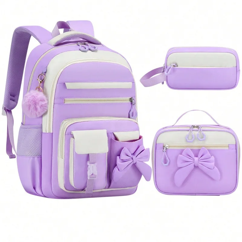 3pecs/set Elementary Bow School Bags Large Capacity Cute Backpack for Junior High School Girls with Pencil Case Lunch Box Set